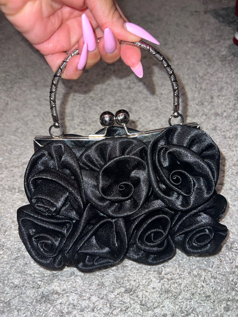 Black Rose Appliqué Evening Clutch Handbag